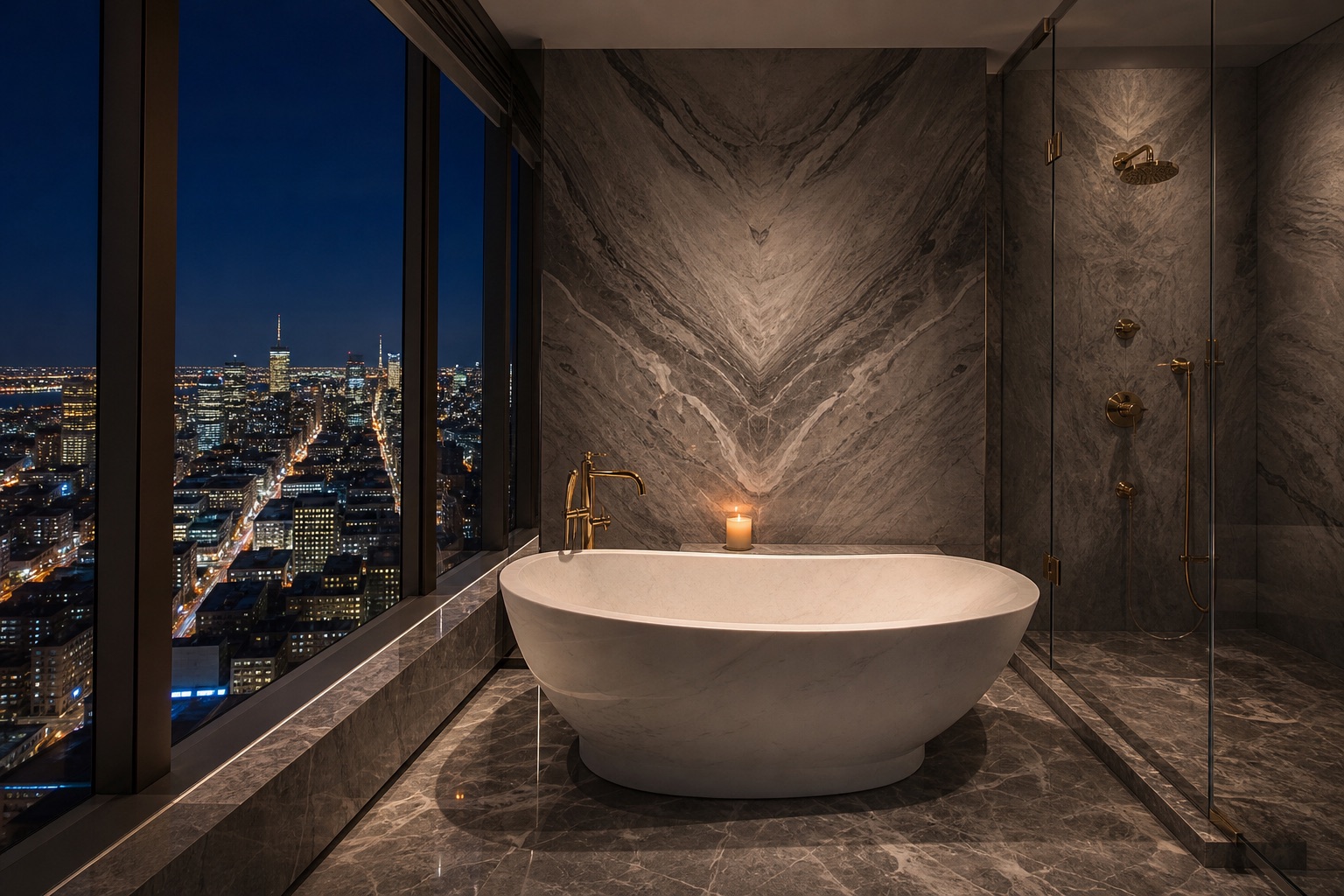 Vespers House, Residence 61B — stone bath set against night glass above the harbor