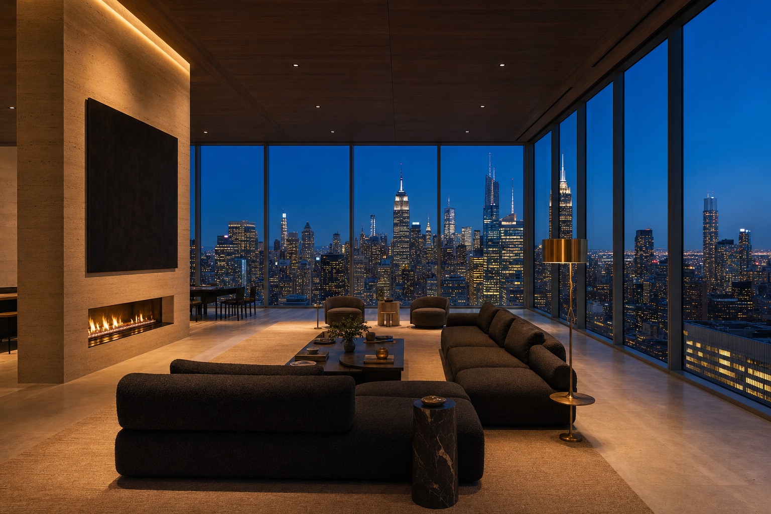 The Clavier, Penthouse 92 — great room at dusk, glass walls framing the midtown skyline