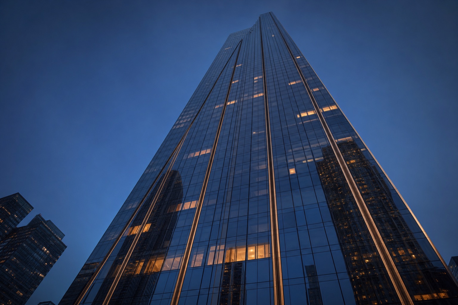 Glass facade of a slender residential tower at blue hour